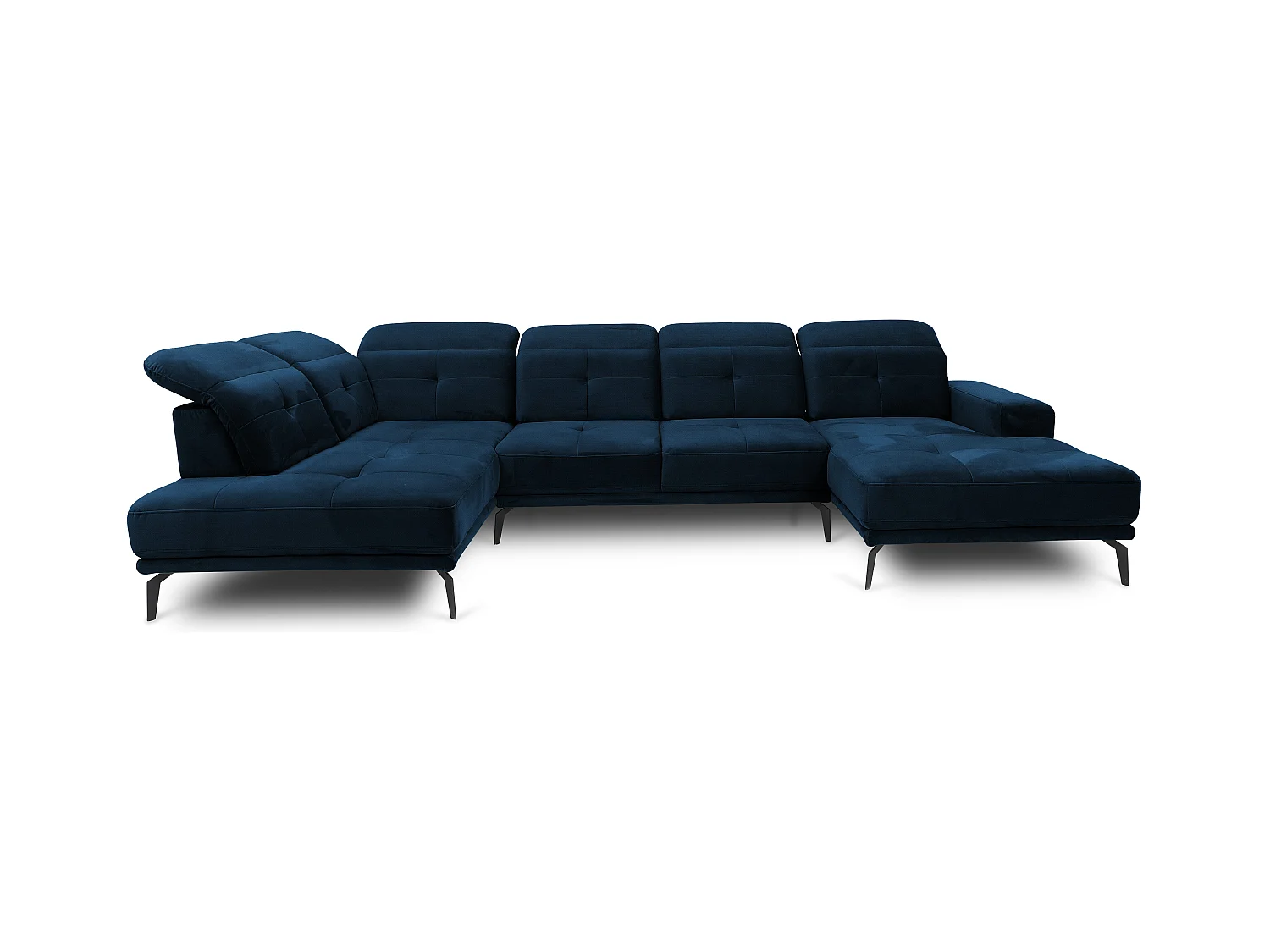 Canapé panoramique moderne tissu bleu nuit têtières angle gauche Versus 350cm