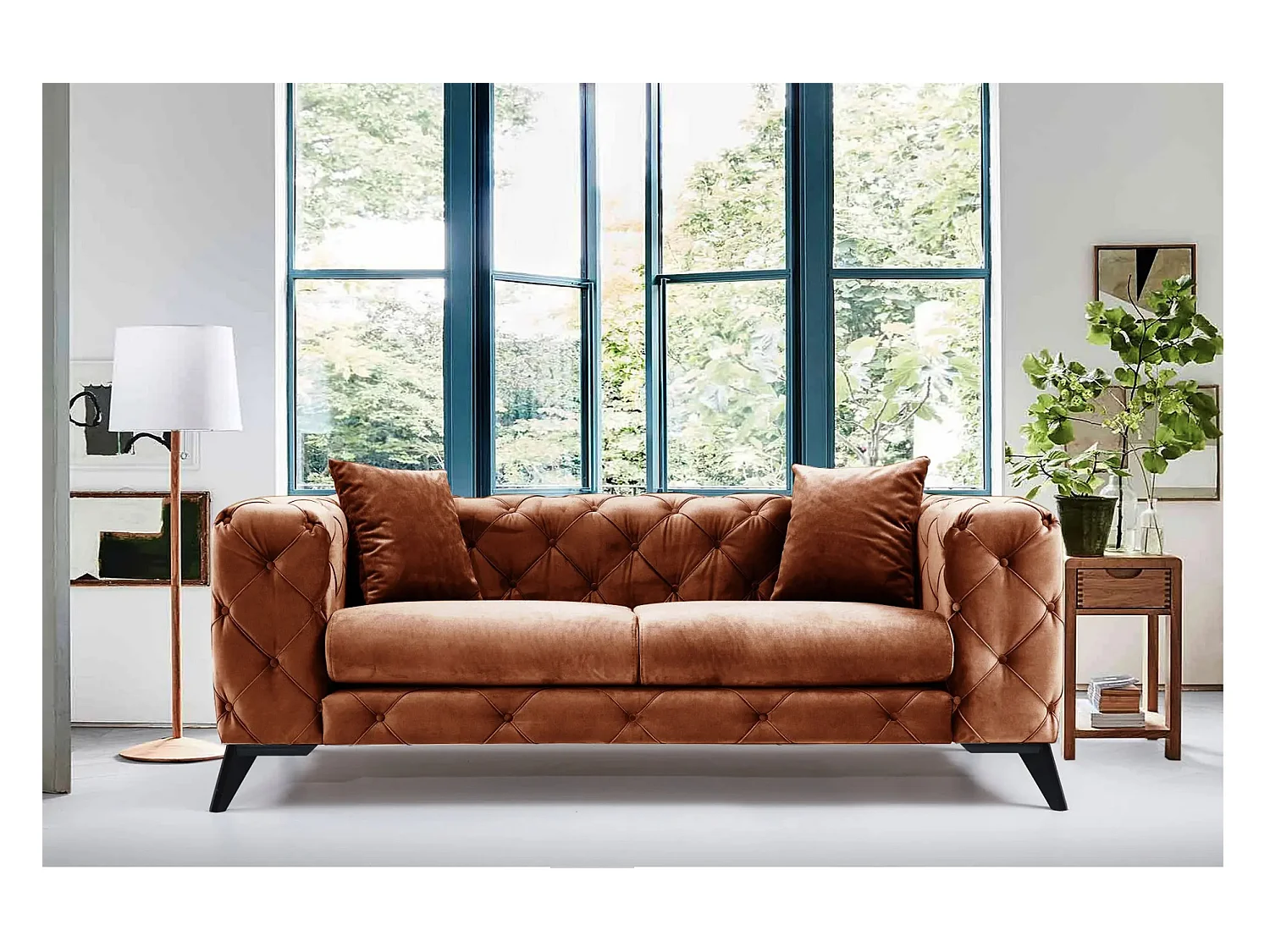 Canapé 2 places capitonné velours orange et pieds chromés Herakles 197cm