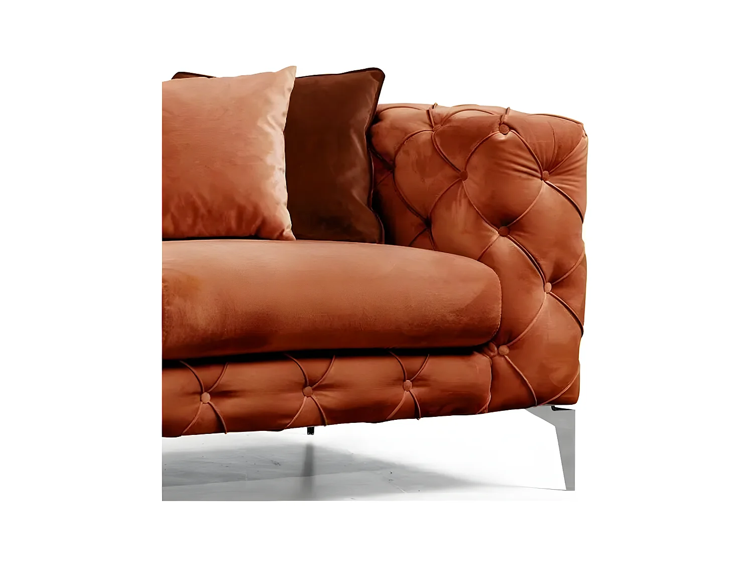 Canapé 2 places capitonné velours orange et pieds chromés Herakles 197cm