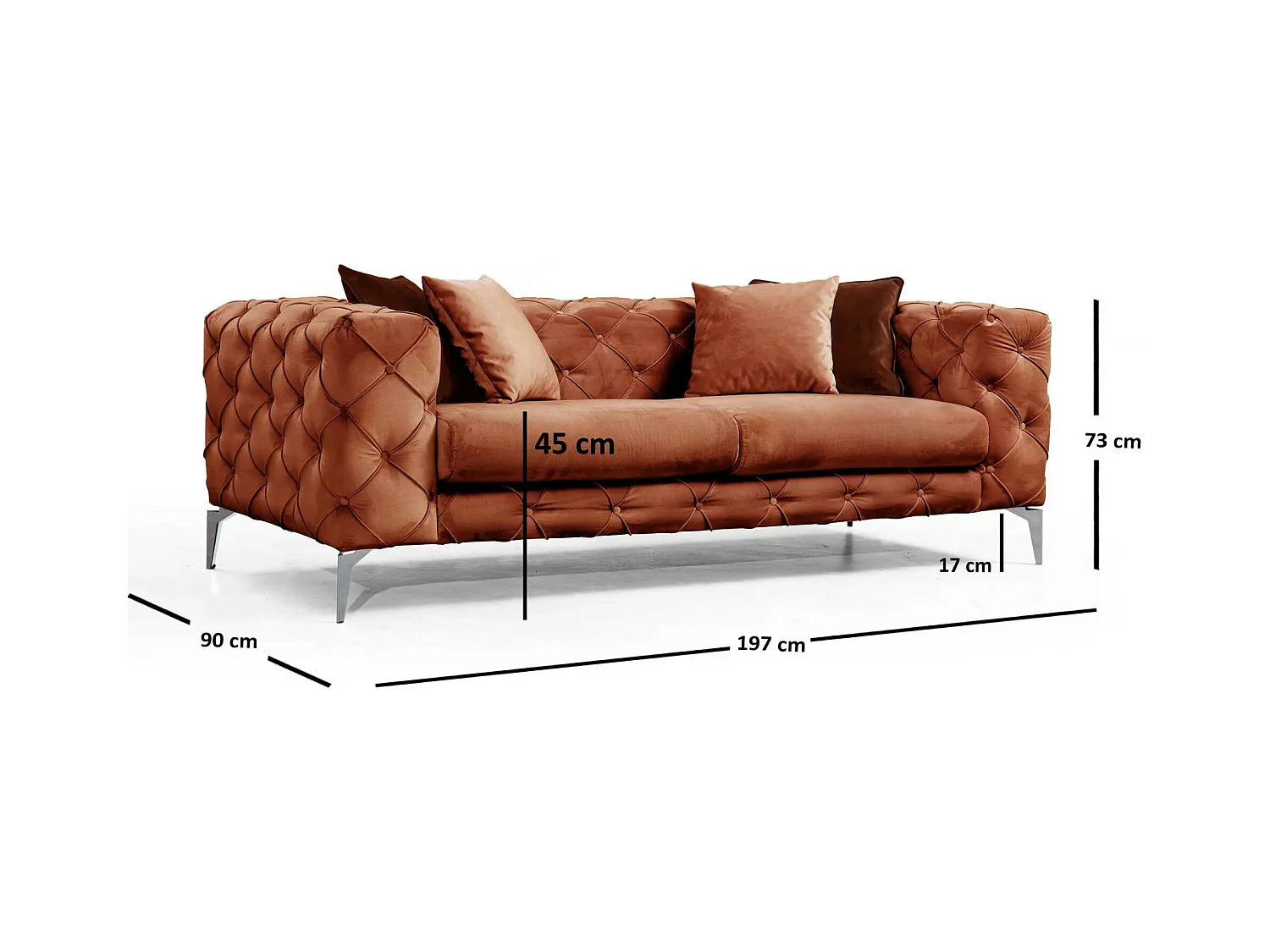 Canapé 2 places capitonné velours orange et pieds chromés Herakles 197cm