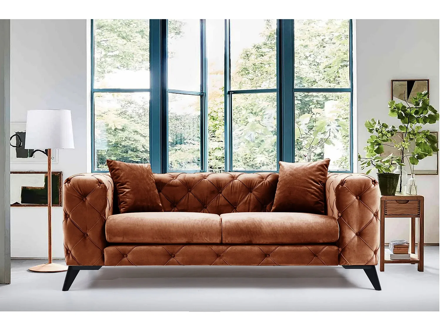 Canapé 2 places capitonné velours orange et pieds chromés Herakles 197cm