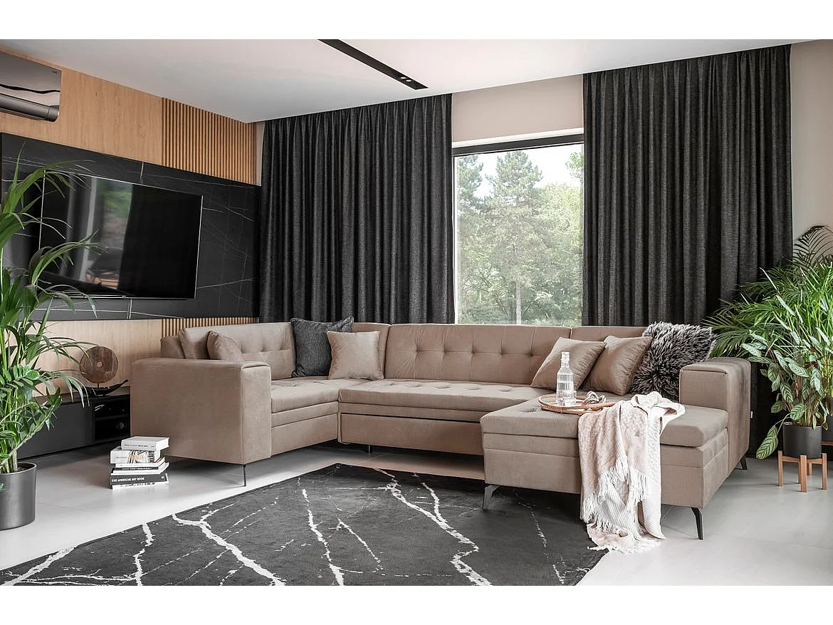 Canapé panoramique convertible droit tissu vert matelassé Bonty 340cm