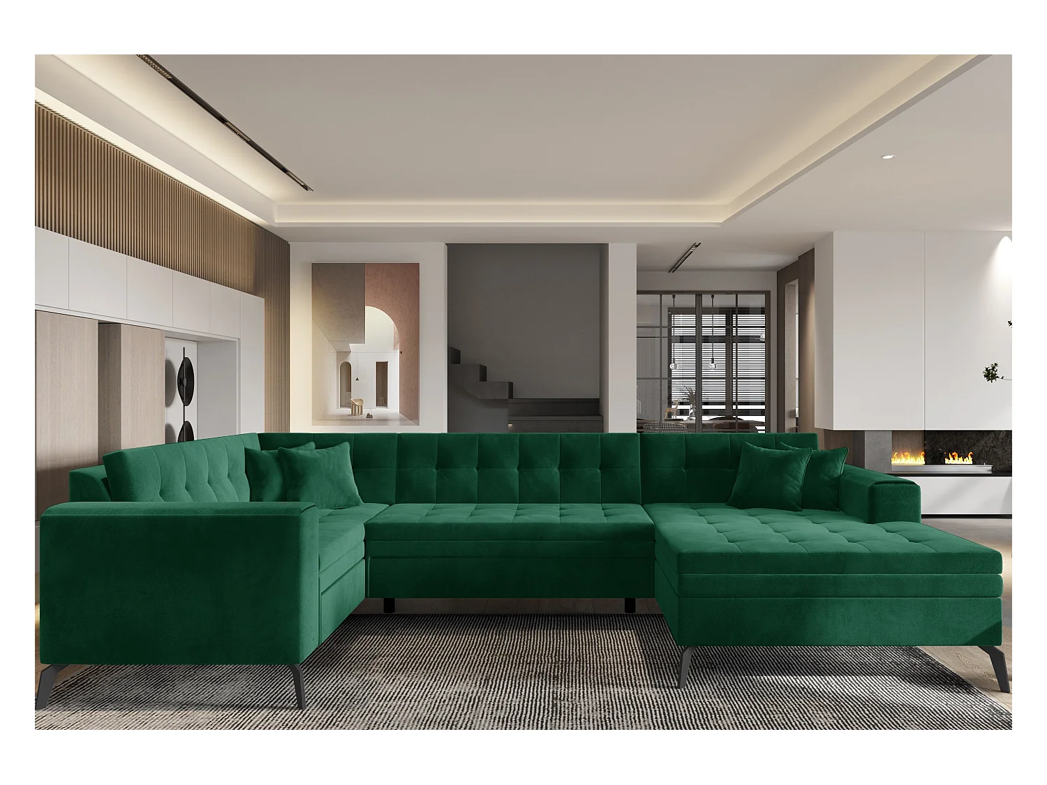 Canapé panoramique convertible droit tissu vert matelassé Bonty 340cm
