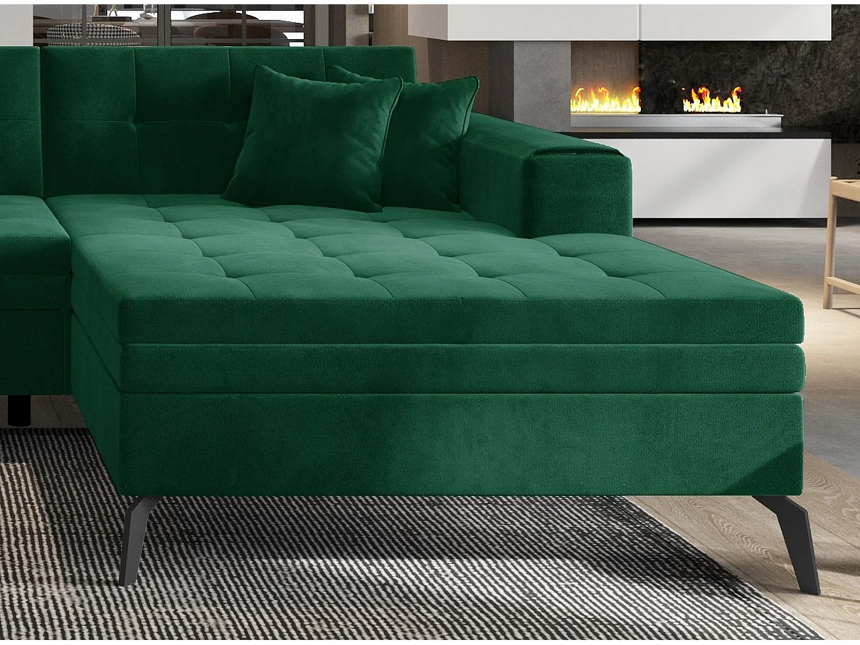 Canapé d'angle panoramique convertible 5 places en tissu matelasse vert