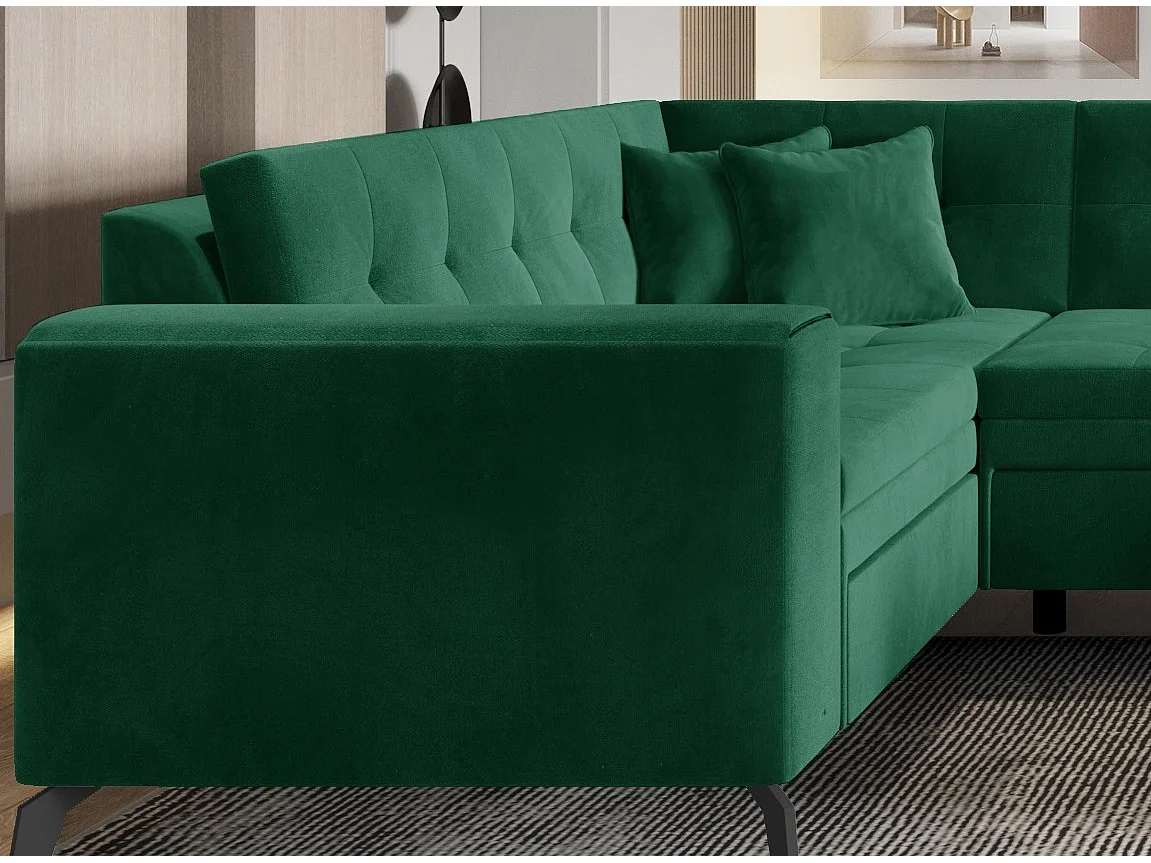 Canapé d'angle panoramique convertible 5 places en tissu matelasse vert