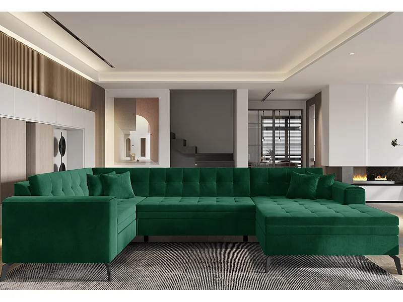 Panoramische converteerbare rechte bank gewatteerde groene stof Bonty 340 cm