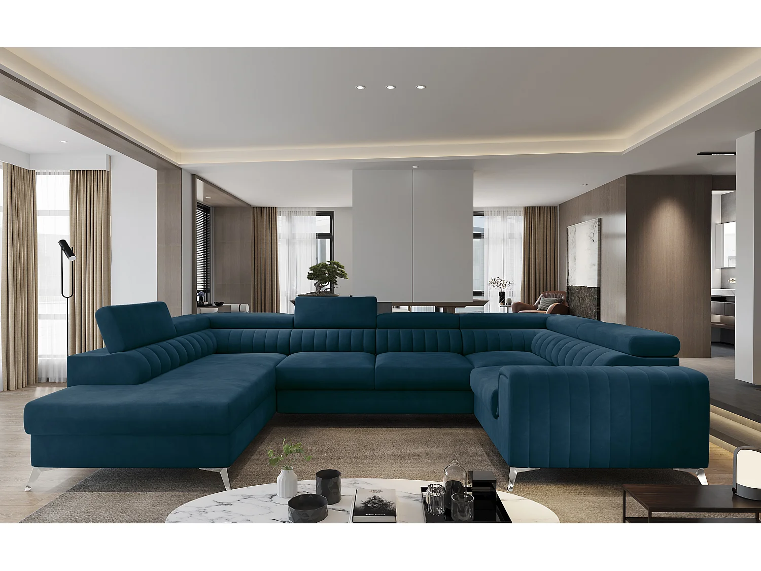 Canapé panoramique convertible velours bleu avec coffre de rangement Louve 340cm-Coffre de rangement à gauche