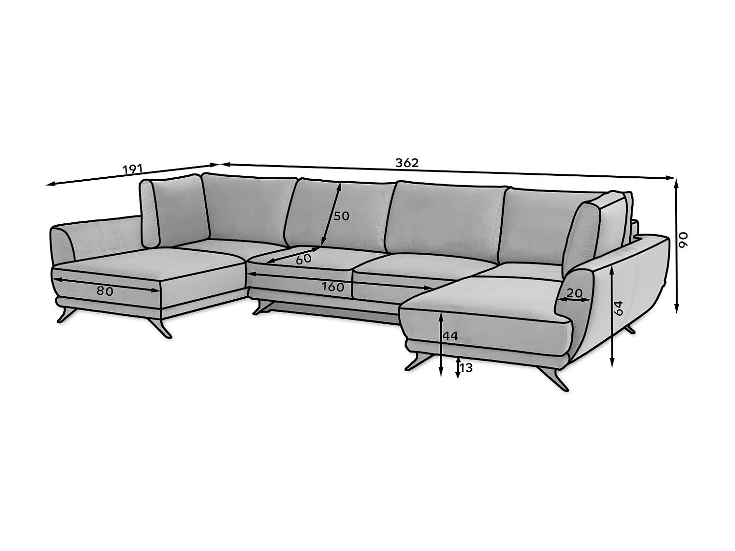 Canapé d'angle panoramique 6 places tissu bleu Largos 362cm