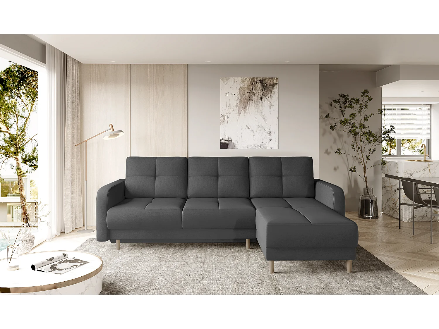 Scandinavische omkeerbare hoekbank in zachte donkergrijze stof en lichthouten poten Kindo 240 cm