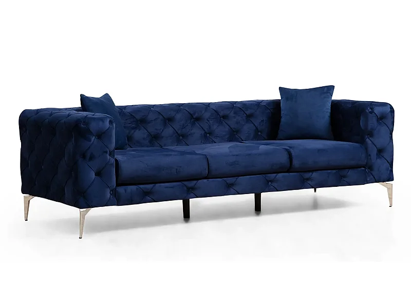Canapé 3 places capitonné velours bleu marine et pieds chromés Herakles 237cm