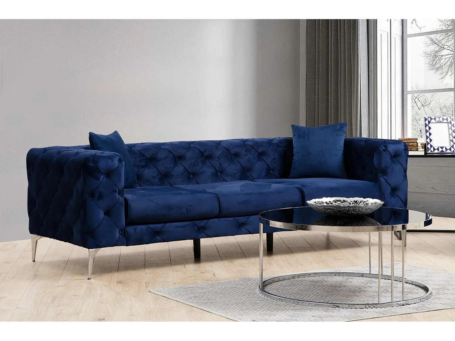 Canapé 3 places capitonné velours bleu marine et pieds chromés Herakles 237cm