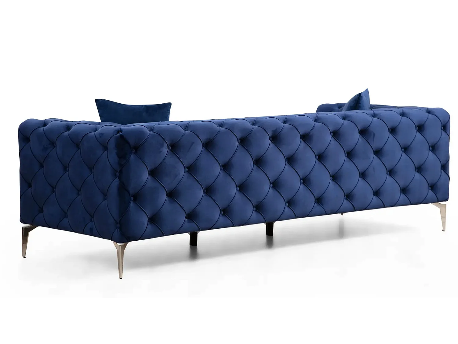 Canapé 3 places capitonné velours bleu marine et pieds chromés Herakles 237cm