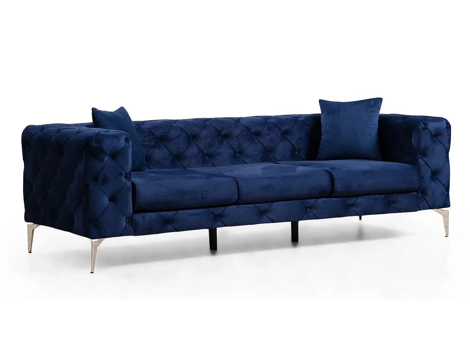 Canapé 3 places capitonné velours bleu marine et pieds chromés Herakles 237cm