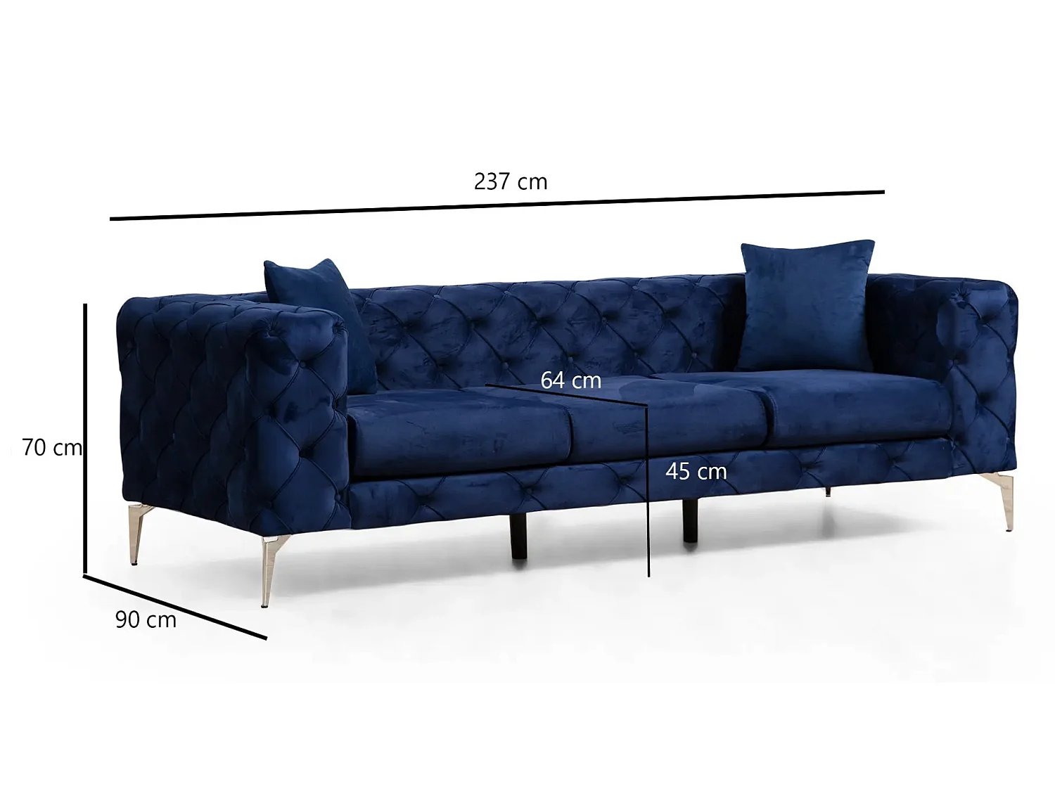 Canapé 3 places capitonné velours bleu marine et pieds chromés Herakles 237cm