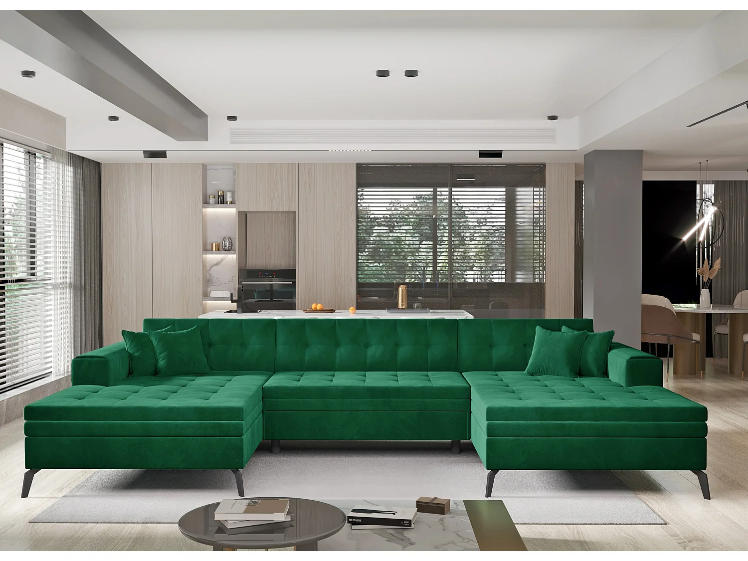 Canapé panoramique convertible tissu capitonné vert Romy 350cm