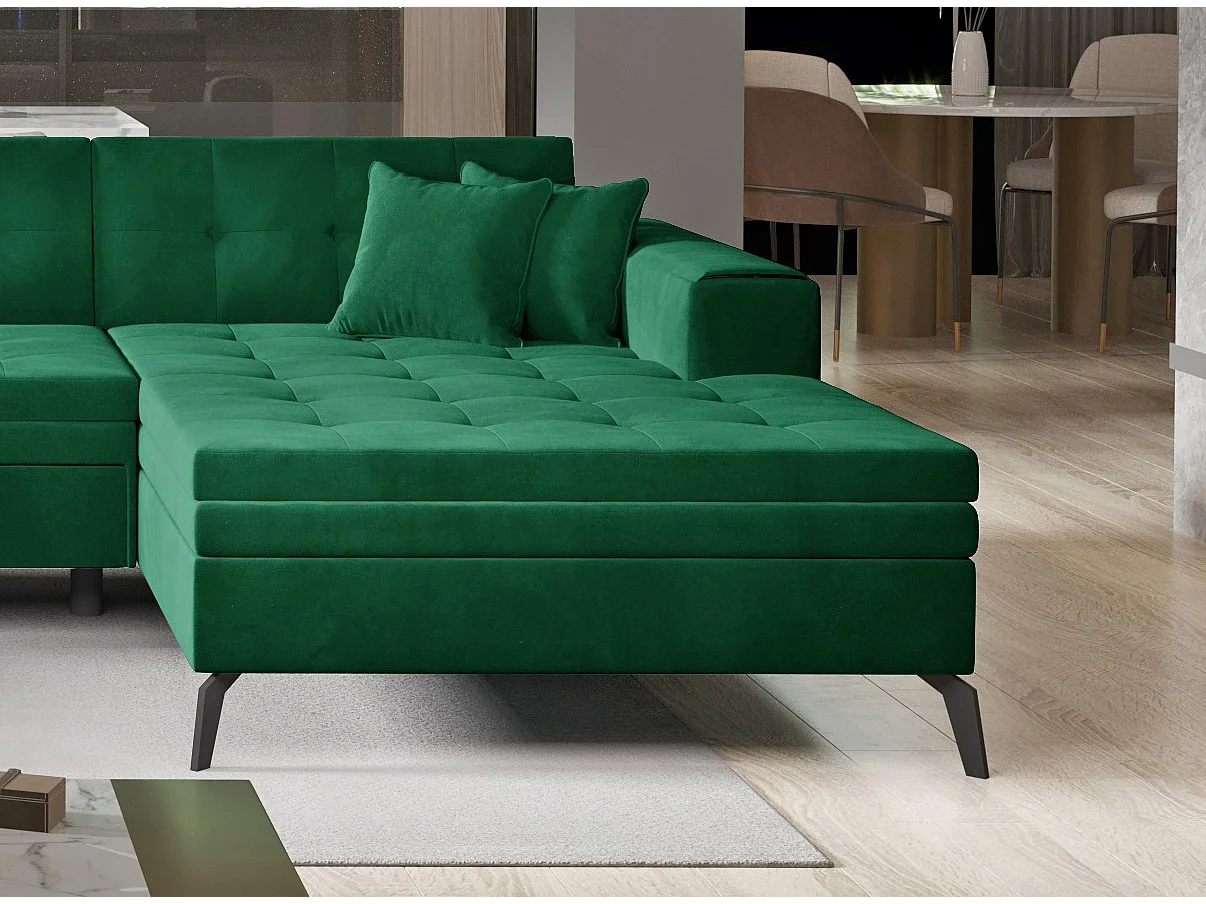 Canapé d'angle panoramique convertible 5 places en tissu capitonné vert ROMY