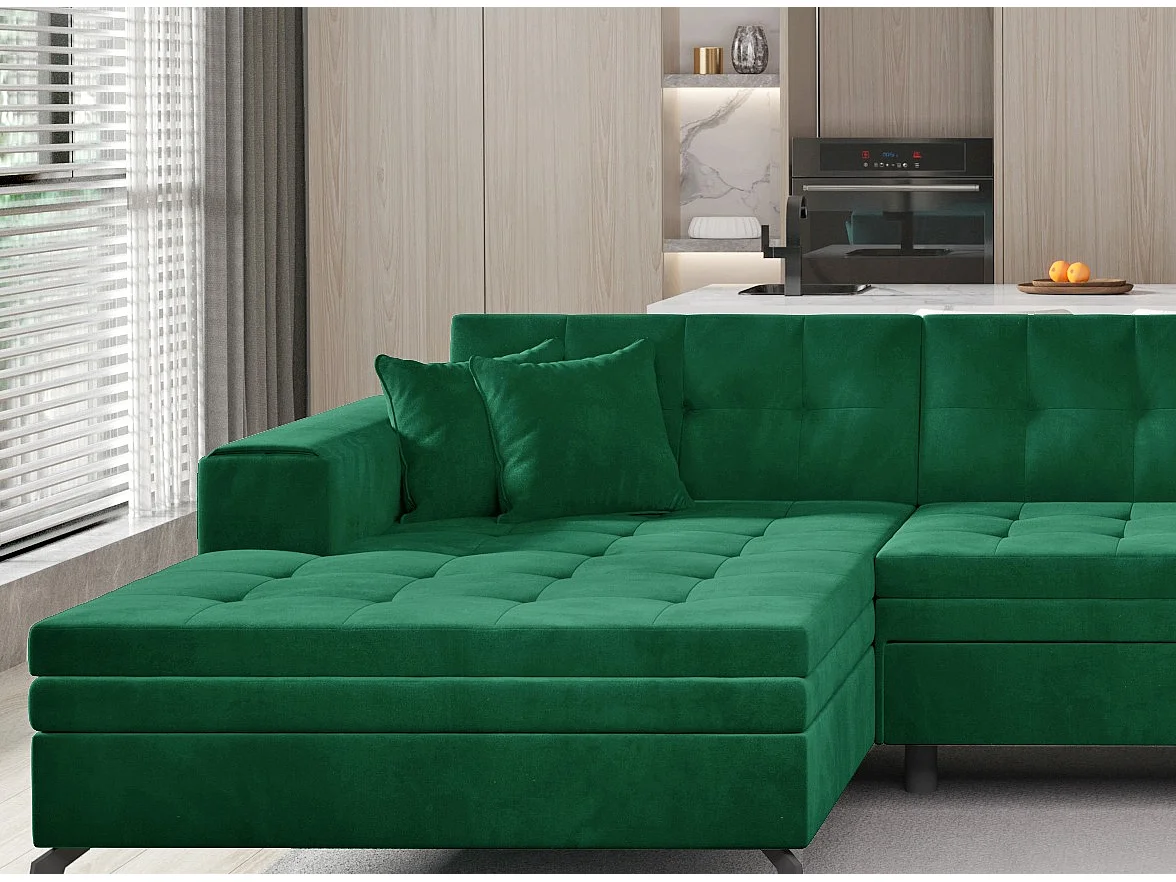 Canapé d'angle panoramique convertible 5 places en tissu capitonné vert ROMY