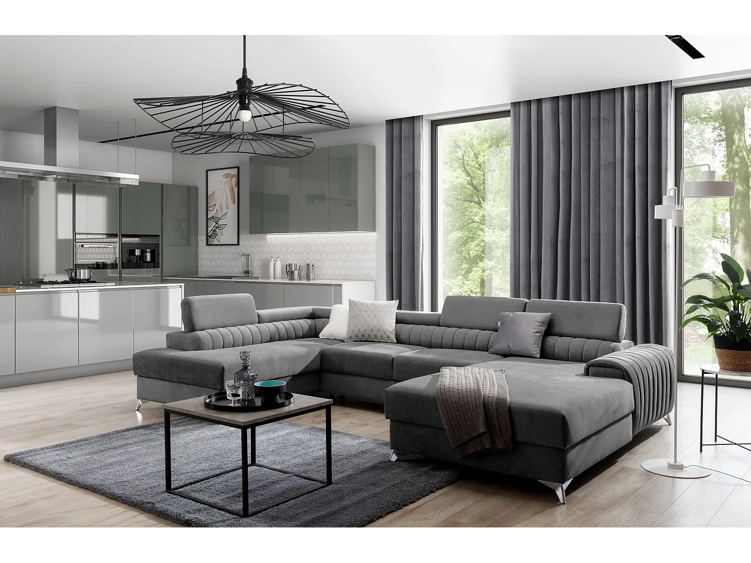 Canapé d'angle U tissu gris foncé coffre de rangement à gauche Kalante 347cm