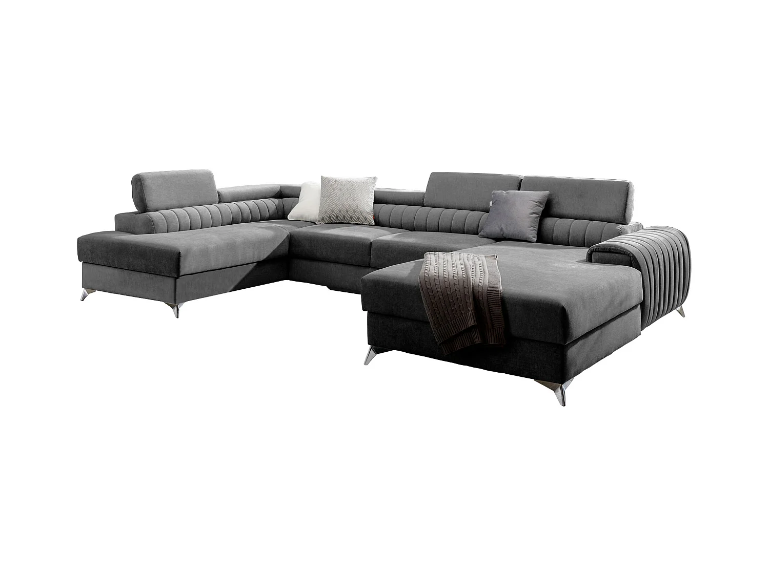 Canapé d'angle U tissu gris foncé coffre de rangement à gauche Kalante 347cm
