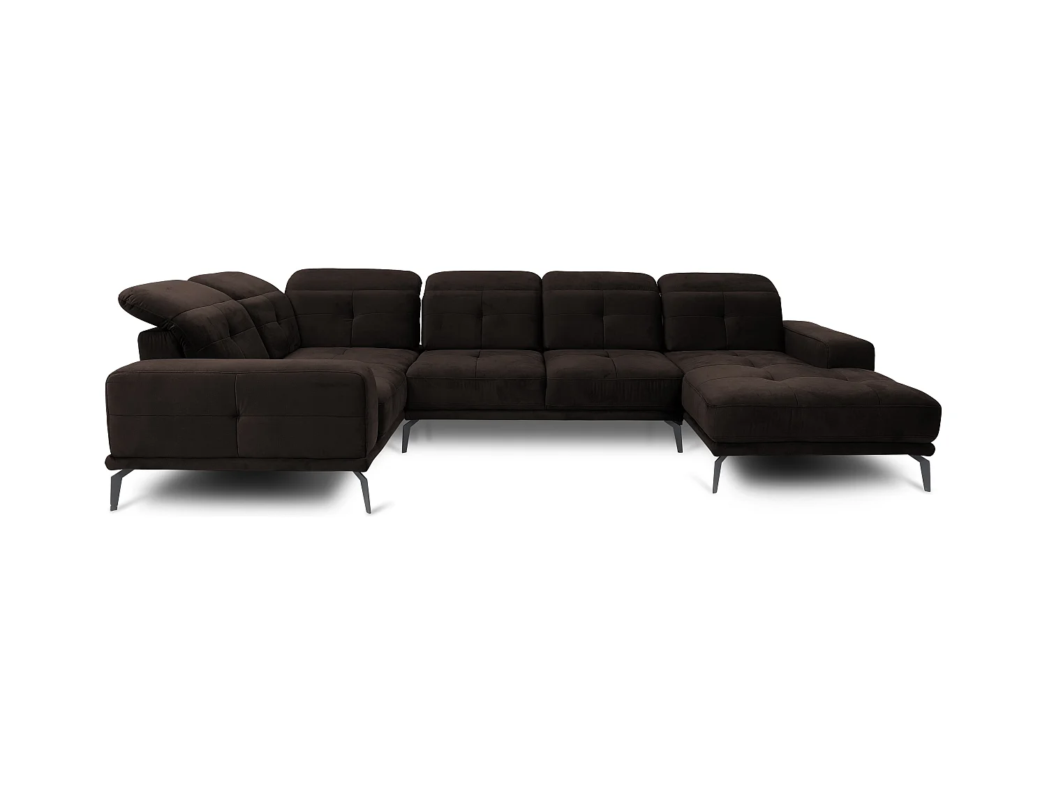Canapé panoramique design velours marron chocolat têtières angle gauche avec accoudoir Stan 350cm