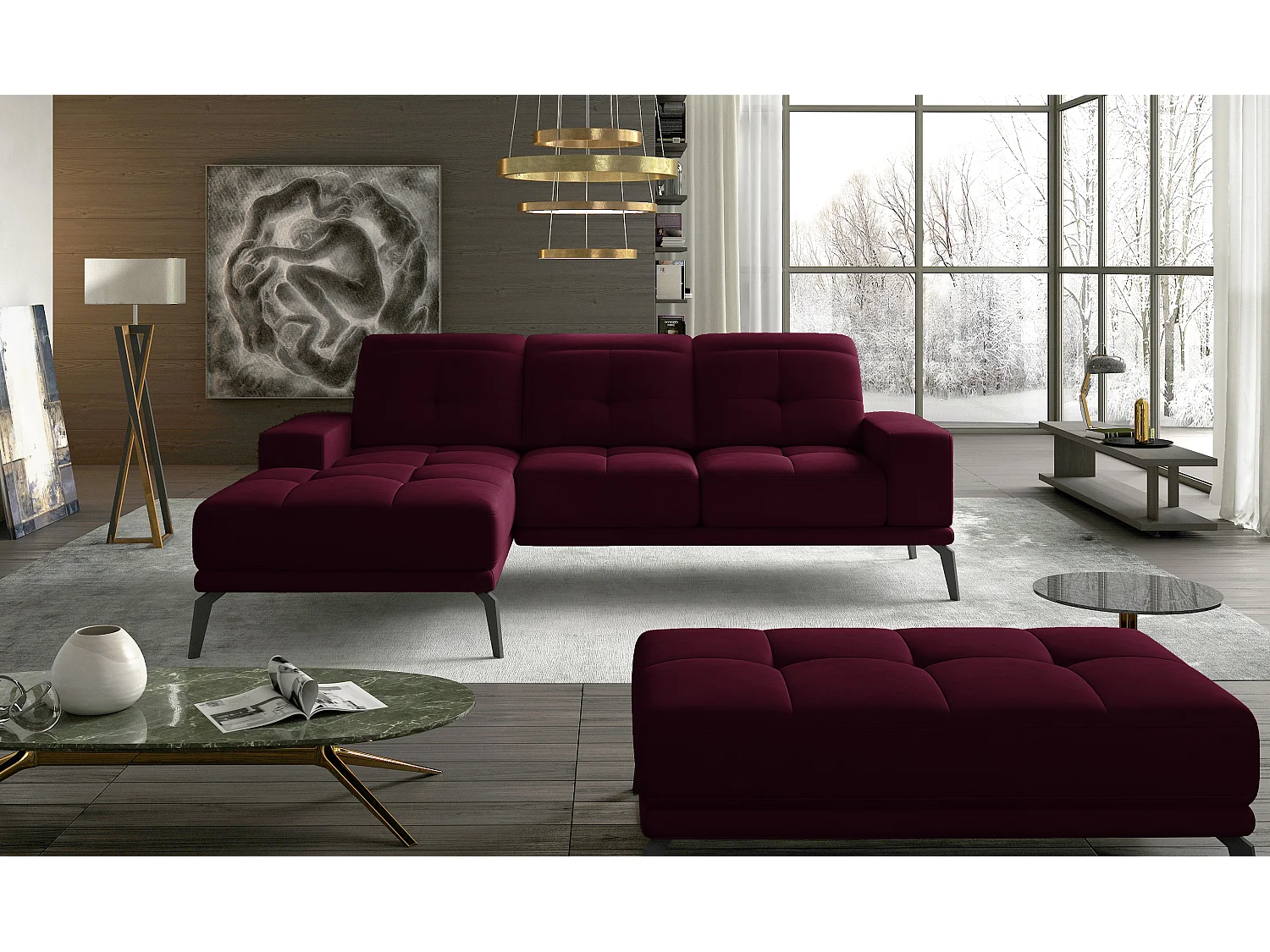 Linker hoekbank 5 zits bordeaux fluweel Torpille 265 cm