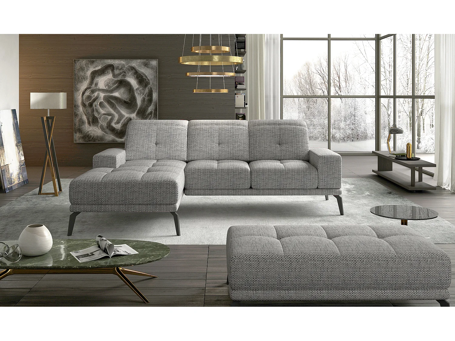 Canapé d'angle gauche 5 places tissu gris chiné Torpille 265cm