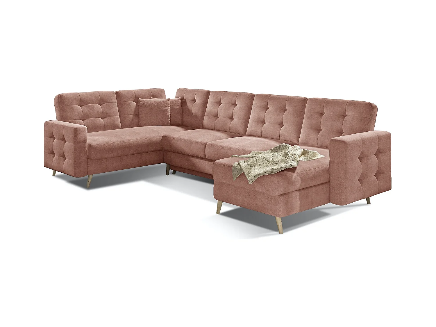 Canapé panoramique convertible capitonné velours abricot Anska 320cm