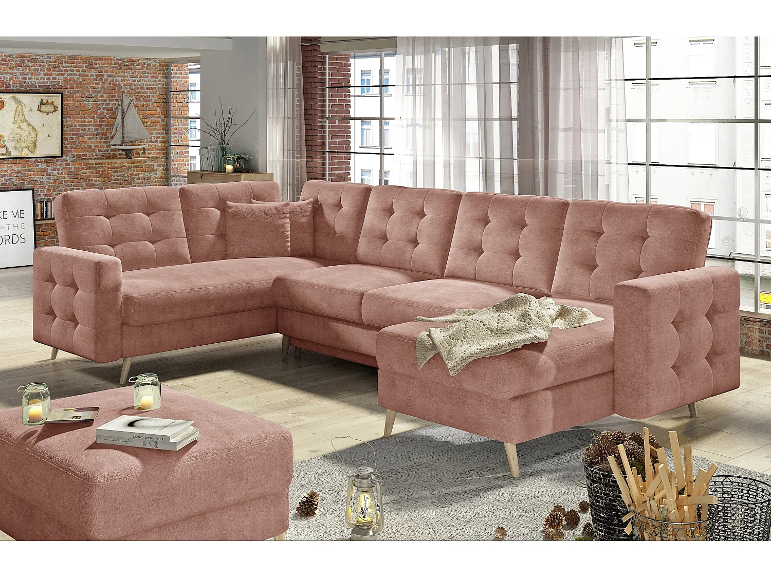 Canapé panoramique convertible capitonné velours abricot Anska 320cm