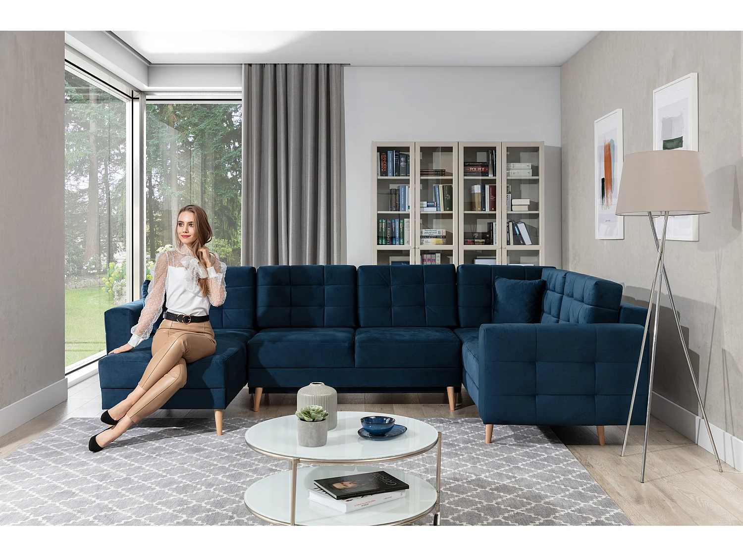 Canapé panoramique convertible capitonné velours abricot Anska 320cm