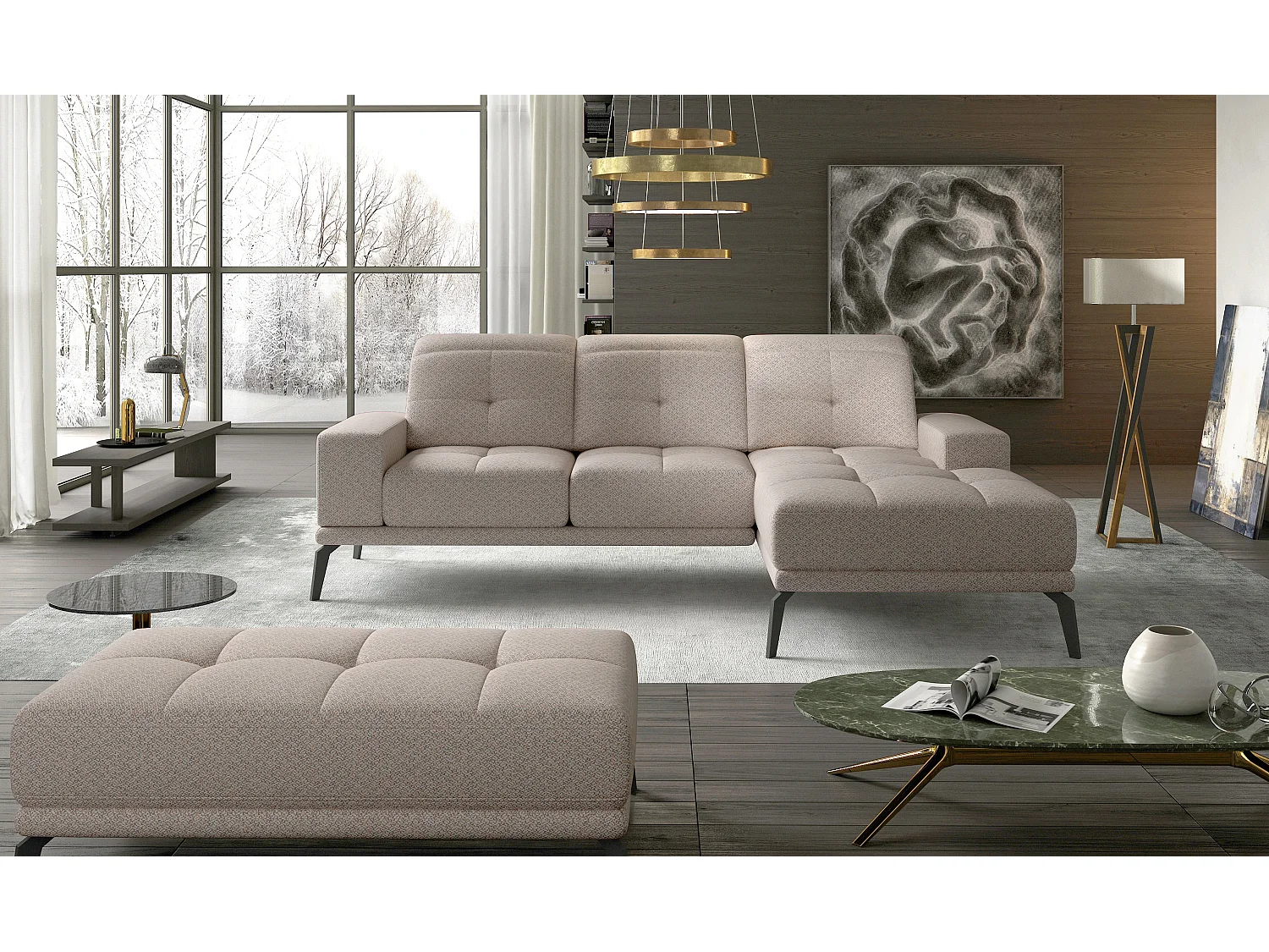 Canapé d'angle droit 5 places tissu beige Torpille 265cm