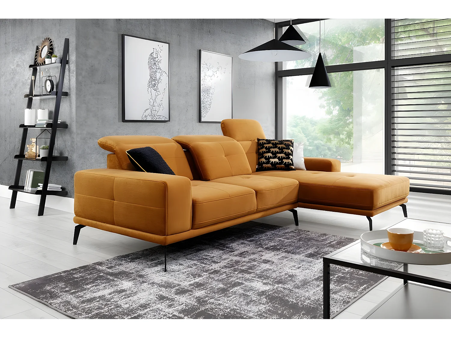 Canapé d'angle droit 5 places tissu beige Torpille 265cm