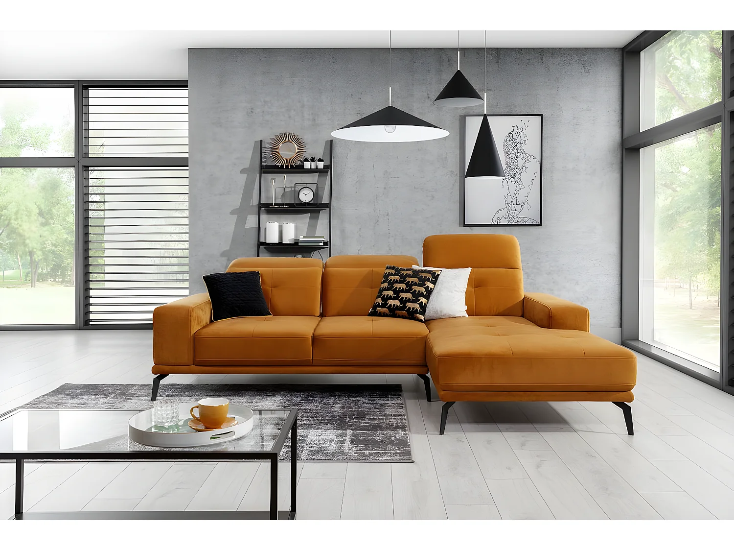 Canapé d'angle droit 5 places tissu beige Torpille 265cm