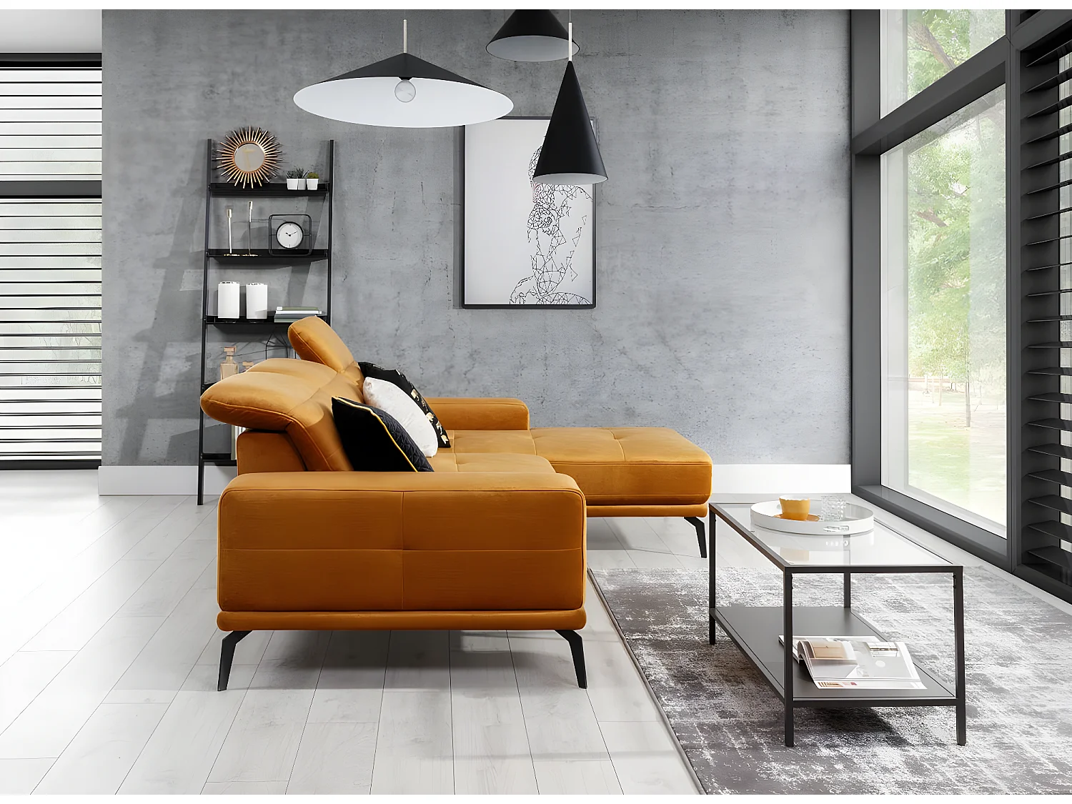 Canapé d'angle droit 5 places tissu beige Torpille 265cm