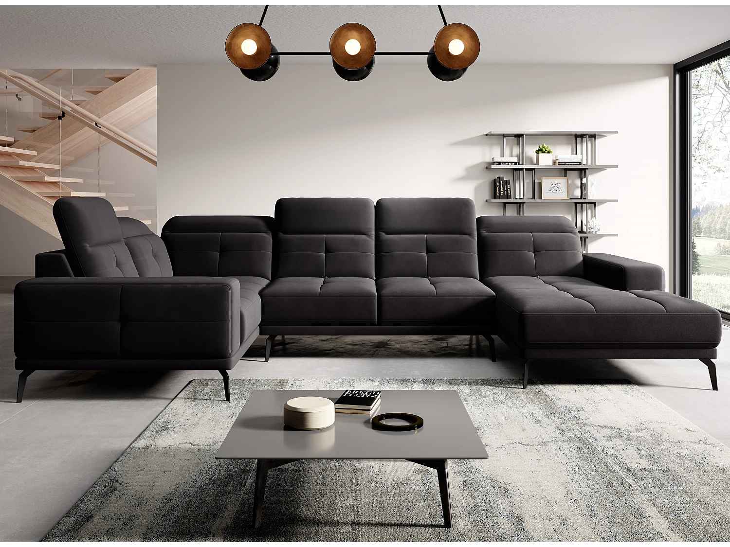 Canapé panoramique design velours noir têtières angle gauche avec accoudoir Stan 350cm