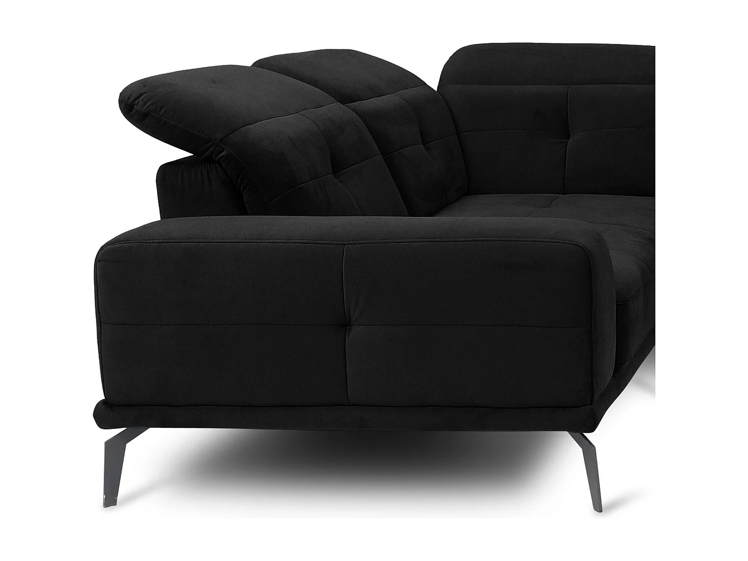 Canapé panoramique design velours noir têtières angle gauche avec accoudoir Stan 350cm