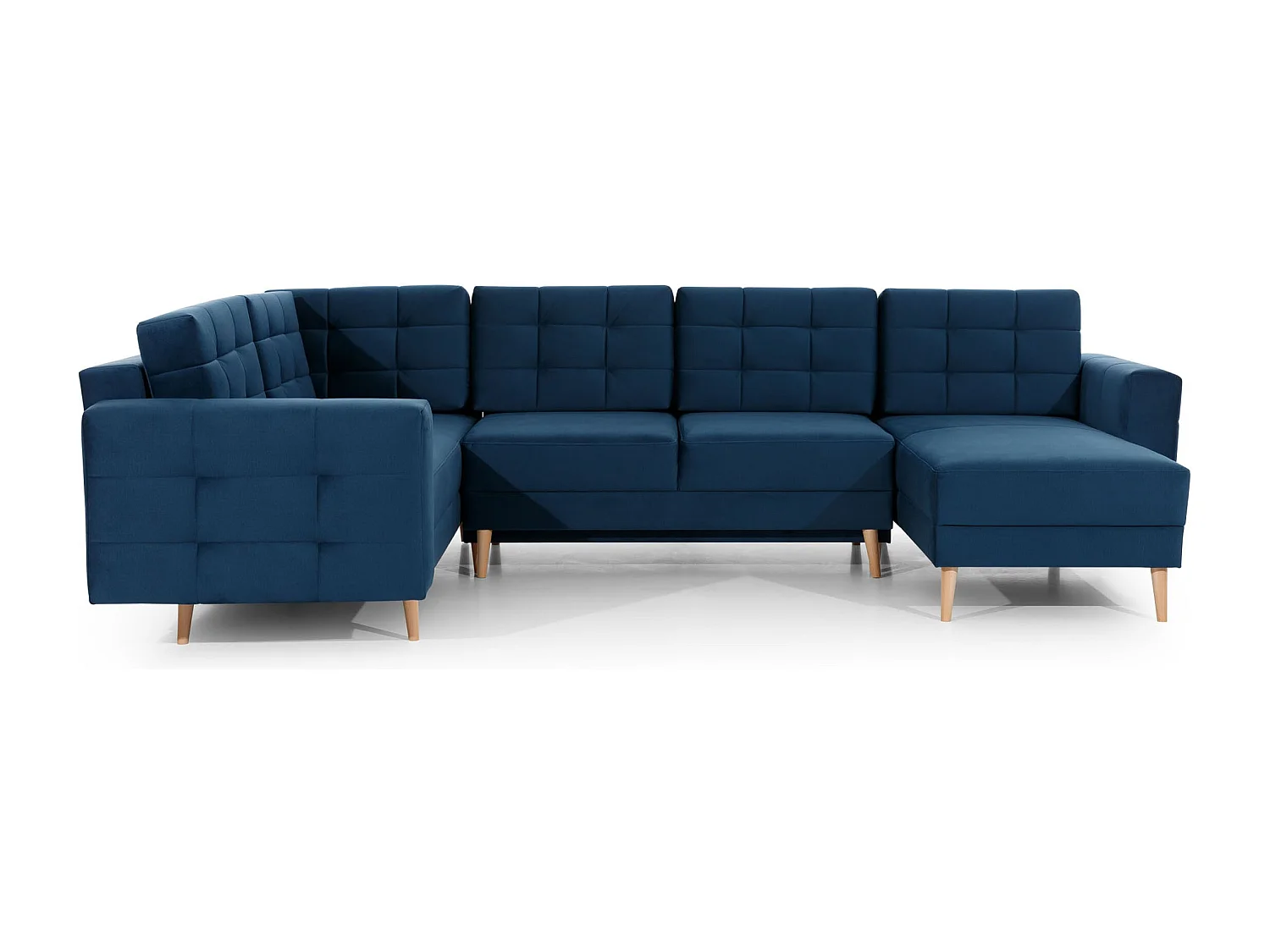 Canapé panoramique convertible ANSKA en velours - Pieds bois naturel-Bleu canard