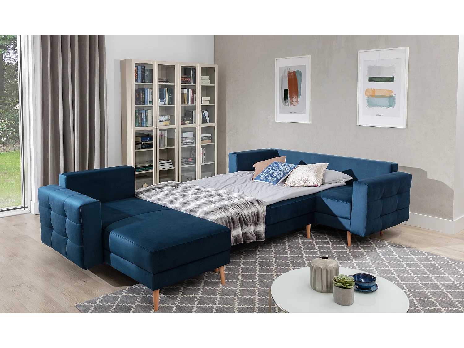 Canapé panoramique convertible ANSKA en velours - Pieds bois naturel-Bleu canard