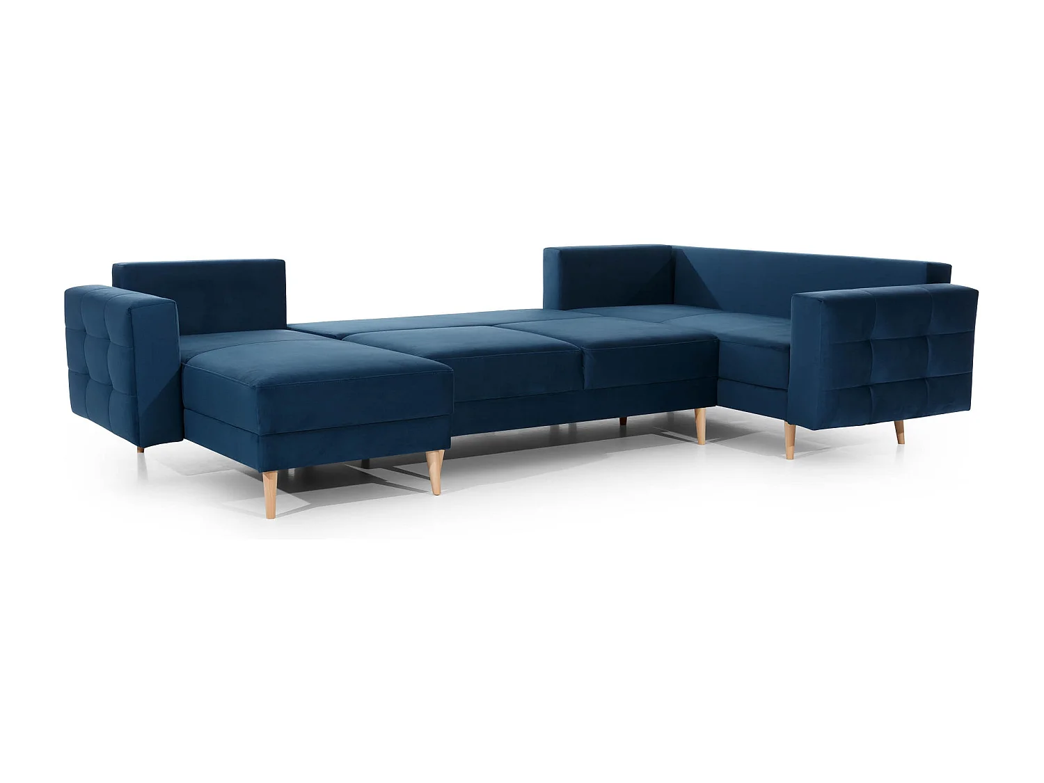 Canapé panoramique convertible ANSKA en velours - Pieds bois naturel-Bleu canard