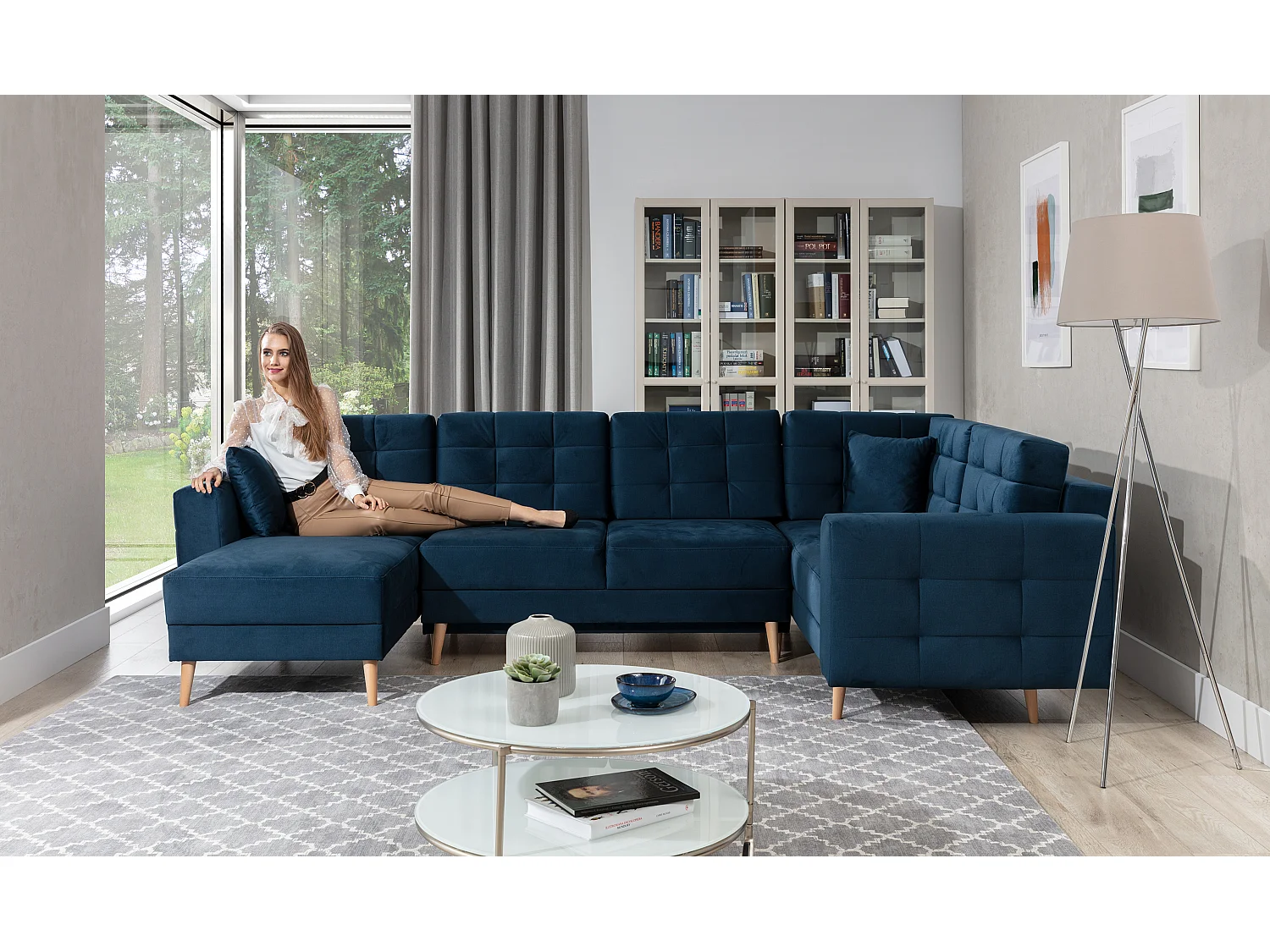 ANSKA converteerbare panoramische bank in fluweel - Poten van natuurlijk hout-Kleur Blauwe Eend