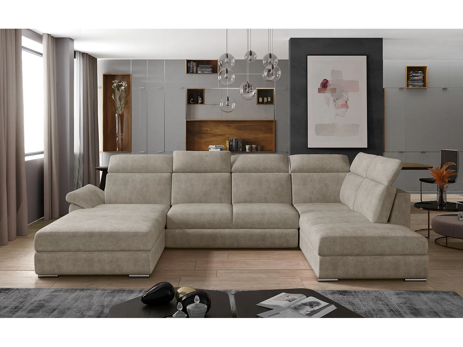 Canapé panoramique convertible tissu beige foncé coffre de rangement à gauche Levano 330cm