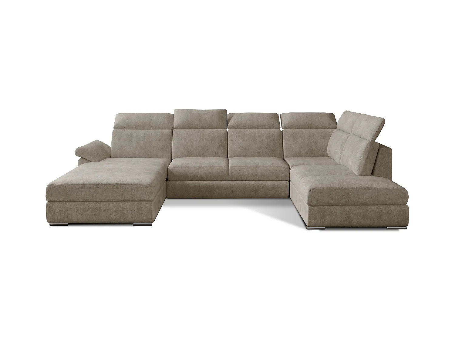 Panoramische slaapbank donkerbeige stoffen opbergbox links Levano 330 cm