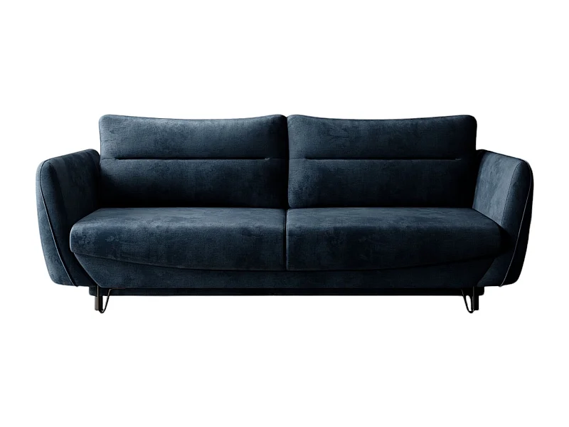 Canapé droit convertible velours ZURIK - Coffre de rangement et pieds métal noir-Bleu