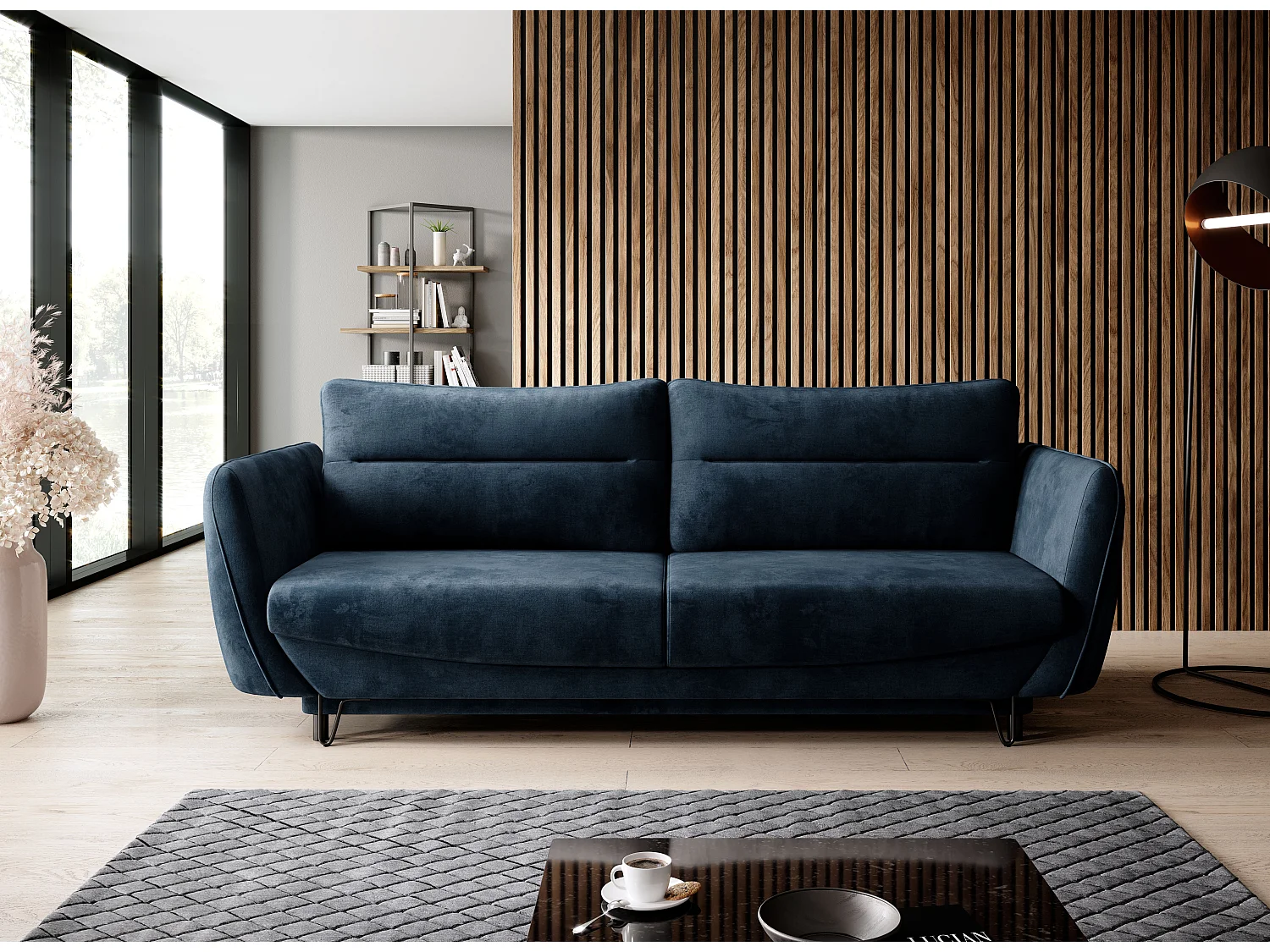 Canapé droit convertible velours ZURIK - Coffre de rangement et pieds métal noir-Bleu