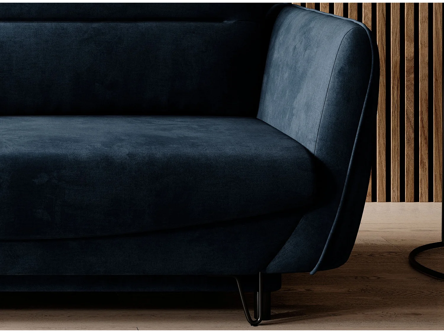 Canapé droit convertible velours ZURIK - Coffre de rangement et pieds métal noir-Bleu