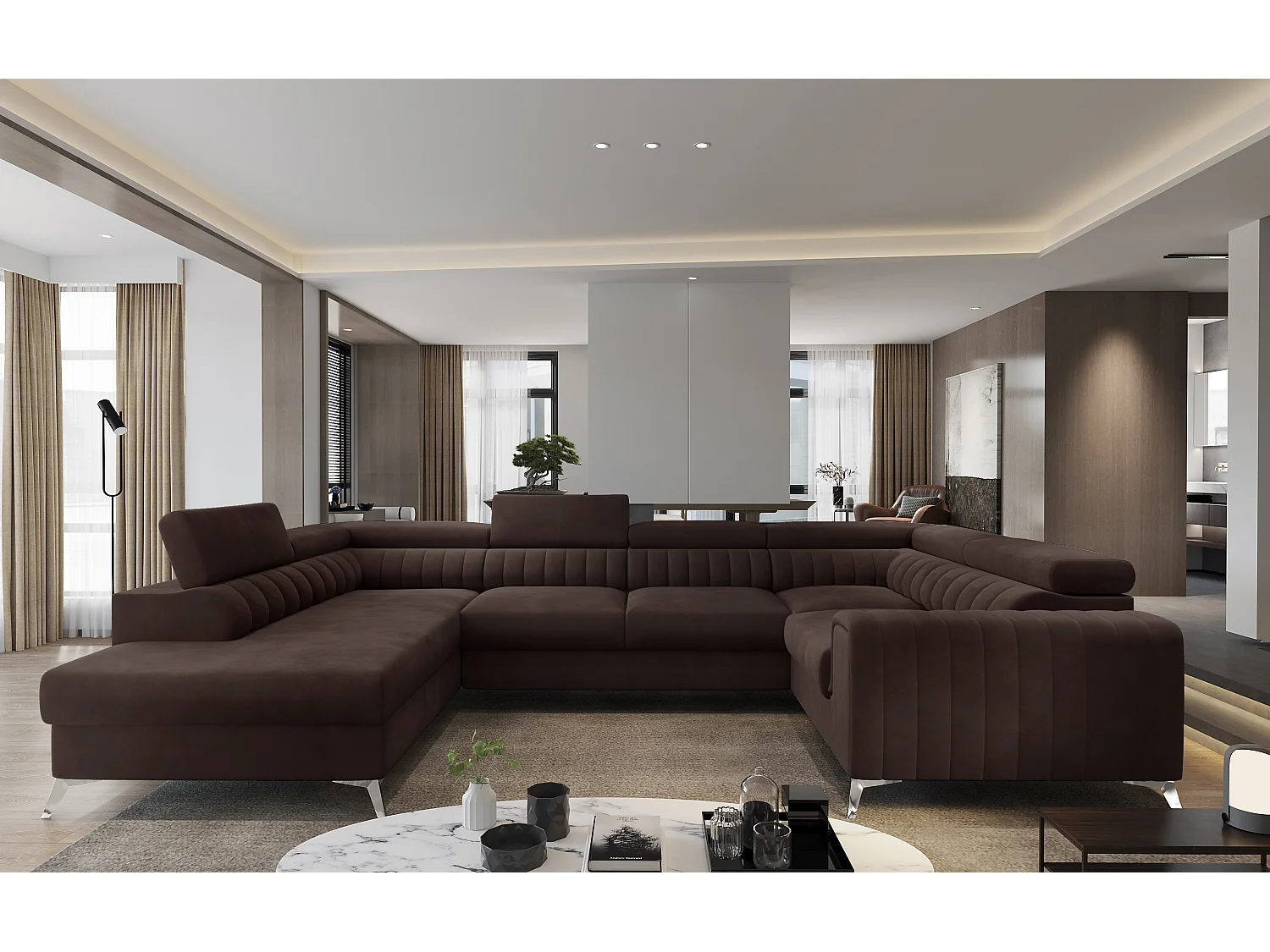Canapé panoramique convertible velours marron avec coffre de rangement Louve 340cm-Coffre de rangement à gauche