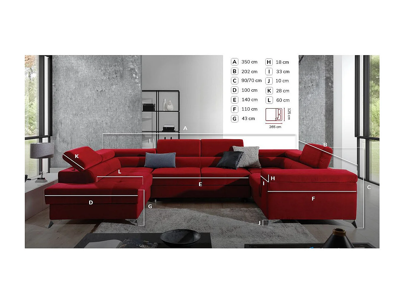 Canapé panoramique convertible velours marron clair avec coffre de rangement Triano 342cm-Coffre de rangement à droite