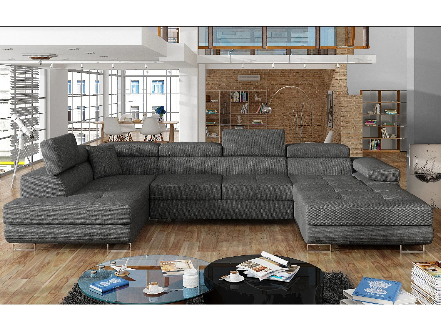 Canapé panoramique tissu gris foncé convertible avec coffre de rangement Romano 345cm-Coffre de rangement à gauche