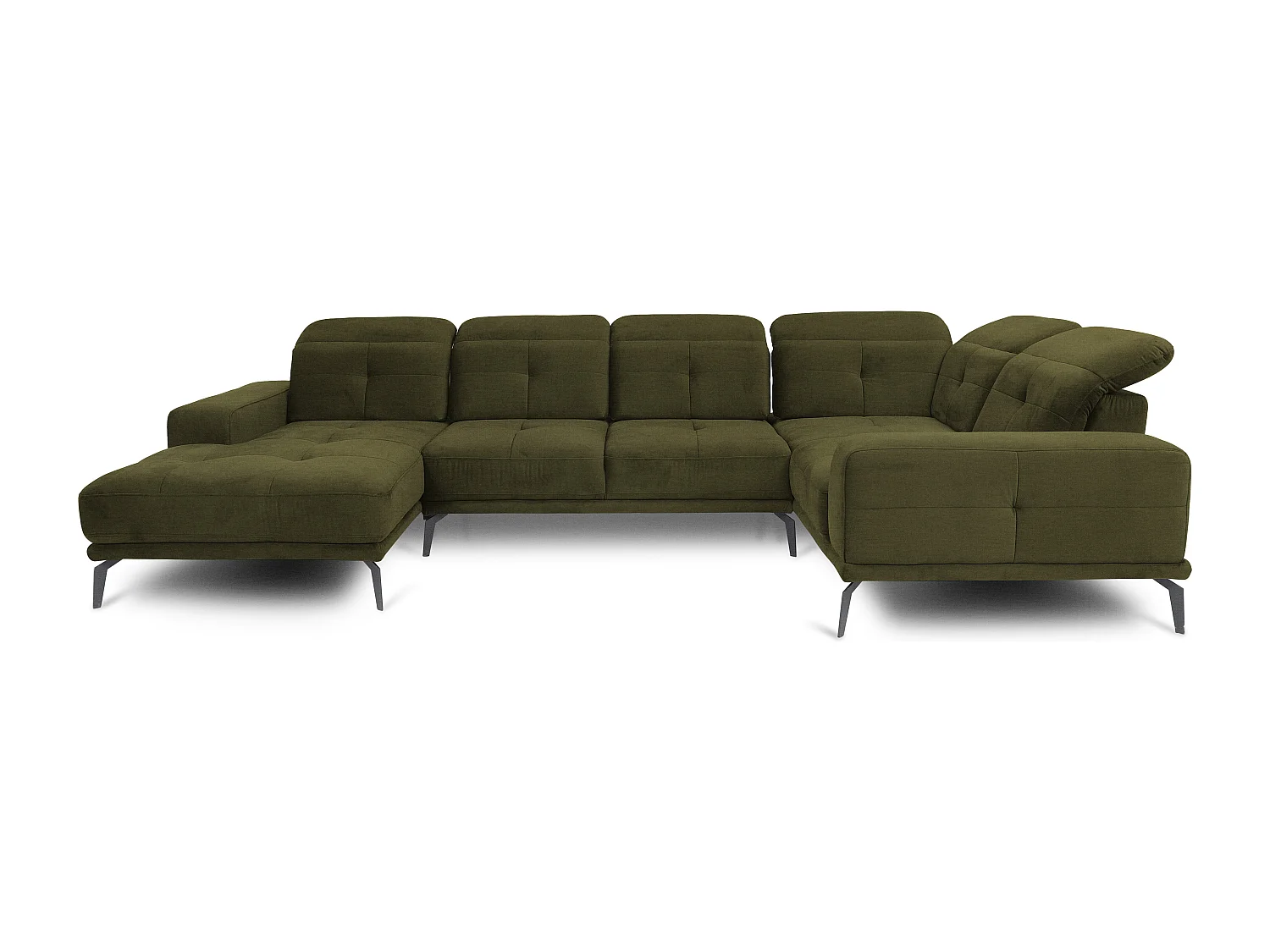 Canapé panoramique design tissu vert olive têtières angle droit avec accoudoir Stan 350cm