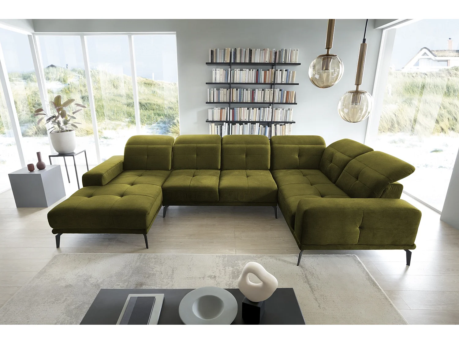 Canapé panoramique design tissu vert olive têtières angle droit avec accoudoir Stan 350cm