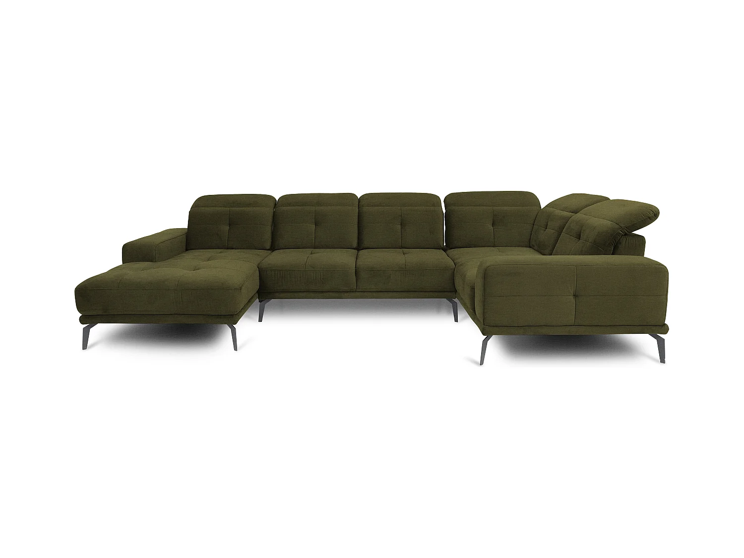 Canapé panoramique design tissu vert olive têtières angle droit avec accoudoir Stan 350cm